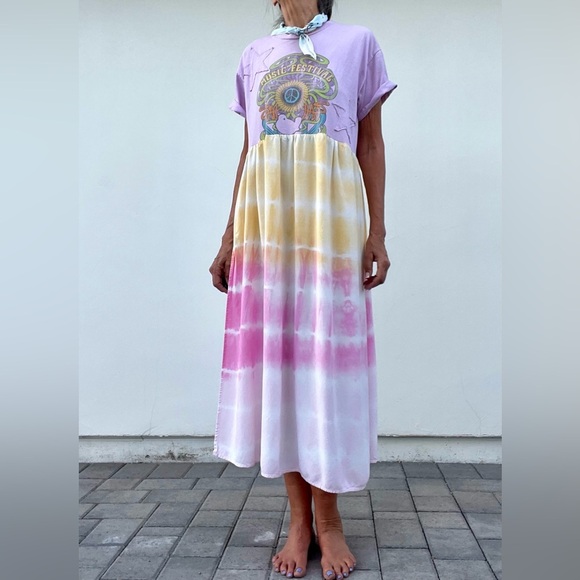 Colorful t shirt Tie-Dye Maxi Dress with off center split, festival dress sz L - Picture 3 of 10